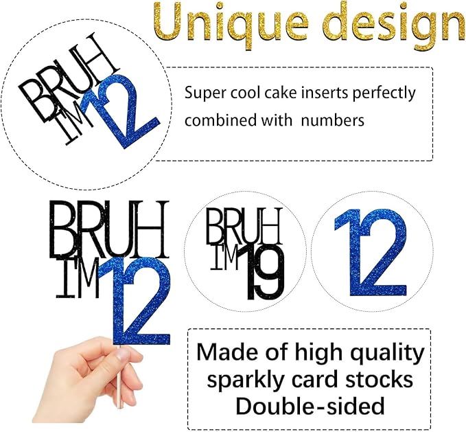 Bruh I'm 12 Cake Topper - Bro I'm 12, Happy Sweet 12 Ornament for Boys' 12th Birthday Party Supplies (blue 12)