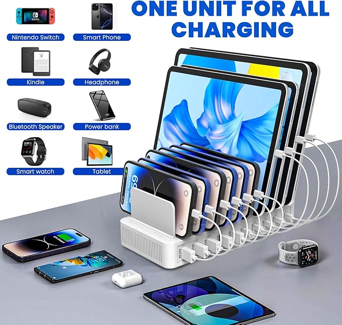 Charging Station for Multiple Devices, 100W 10 Ports Flat Plug Charging Dock with 10 Cables Smart IC Tech and Adjustable Dividers Type-C，Multi USB Charger for iPhone Galaxy iPad Tablet，White