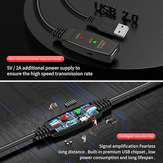 LDKCOK 100FT Active USB Extension Cable 2.0 Male to Female with A Extension chipset Signal Booster - Active Extension/Repeate
