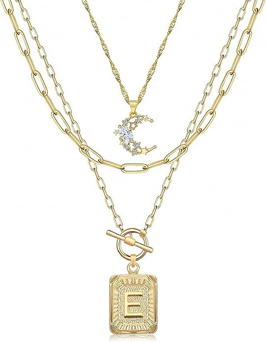 MJartoria Layered Initial Necklaces for Women Trendy, 14K Gold Plated Brass Simple Moon Choker Square Letter Pendant Necklace, Paperclip Chain Necklaces Jewelry Gifts