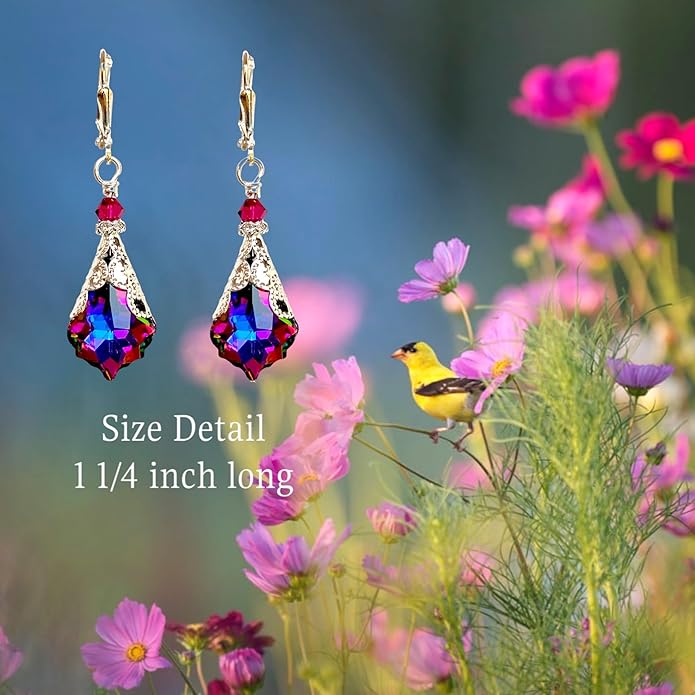 Antique Inspired Vintage Victorian Dangle Drop Earrings for Women - Colored Austrian Crystal Leverback Earrings - Jewelry Gift for Her