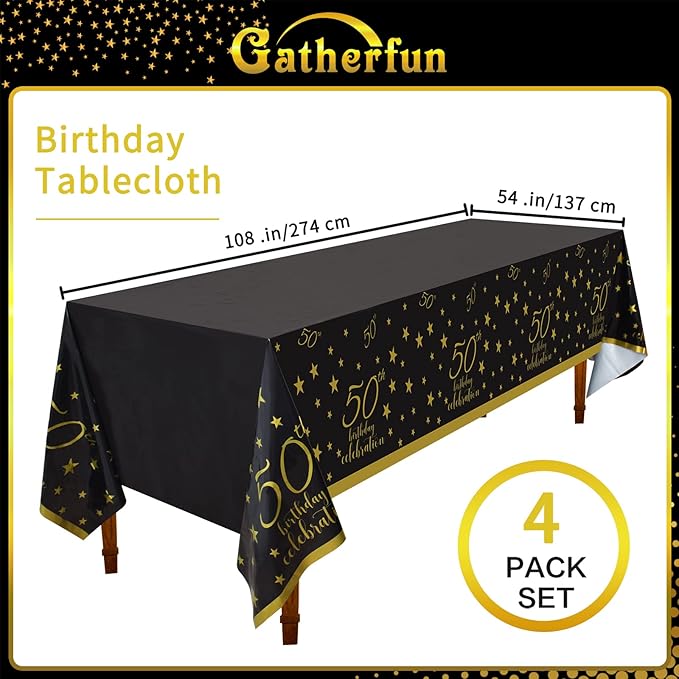 Gatherfun 50th Birthday Disposable Tablecloth 4 Pack Gold and Black Waterproof Plastic Table Cover for Men Woman 50 Birthday Party Decorations