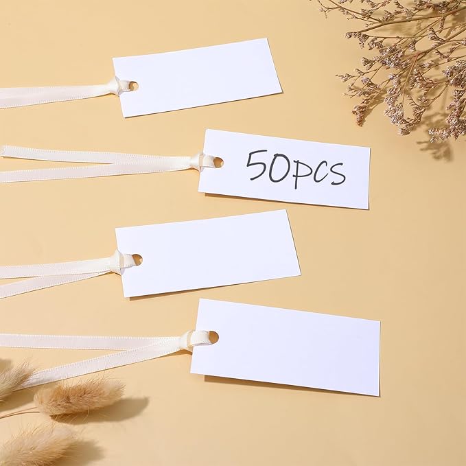 50 Pcs Place Cards for Table Setting, Table Name Card with 50PCS Ribbon 1.57 x 3.54 Inch Wedding Place Cards Blank Gift Tags Blank Name Card for Wedding Dinner Banquet Party
