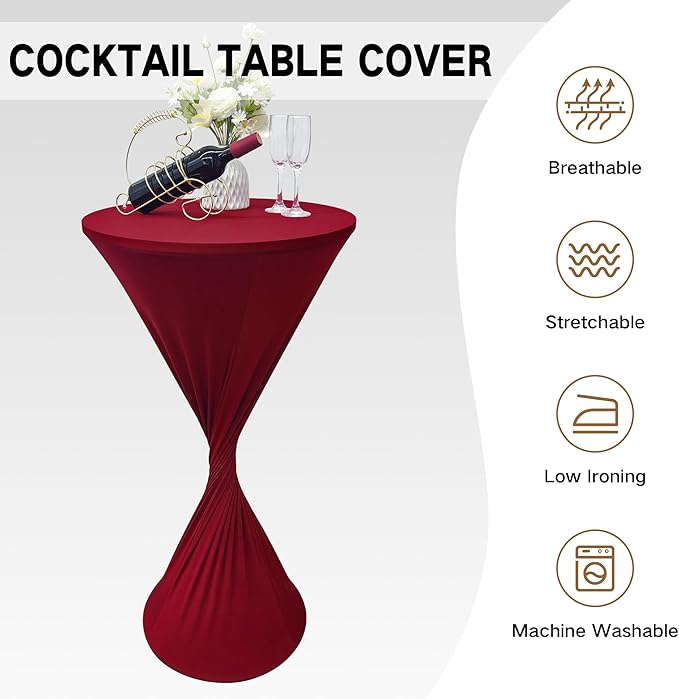 2PCS 24x43 Inch Round Fitted Cocktail Table Cover Burgundy Spandex Cocktail Table Cloth Highboy Fitted Tablecloth High Top Table Cloths for Party Pub Banquet Bistro