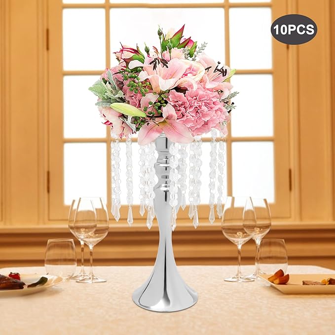 10 Pcs Crystal Flower Wedding Centerpieces Stand,Elegant Metal Flower Vase Candelabra Candle Holder,Flower Vase Stand Pillar Candle Holder for Party Wedding Reception