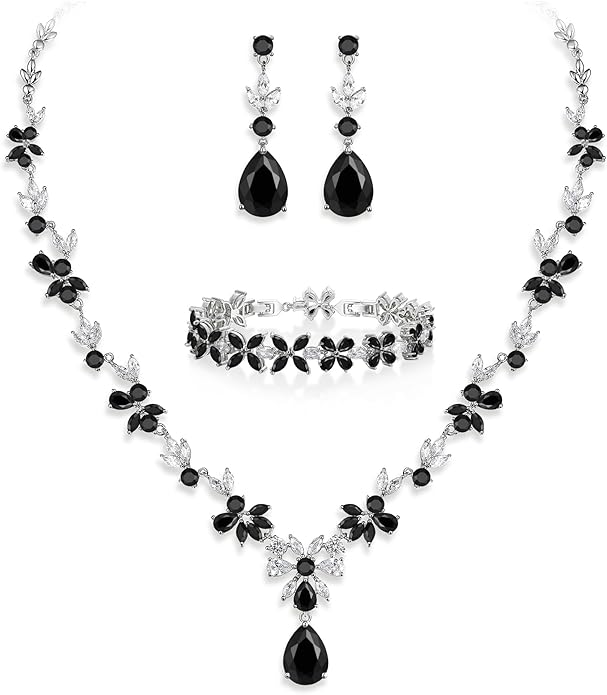 Crysdue Wedding Jewelry Set for Women, Floral Leaf Vine Teardrop Necklace Dangle Earrings Bracelet and Hair Comb, Cubic Zirconia Elegant Party Prom Jewellery for Bridal Bridesmaid