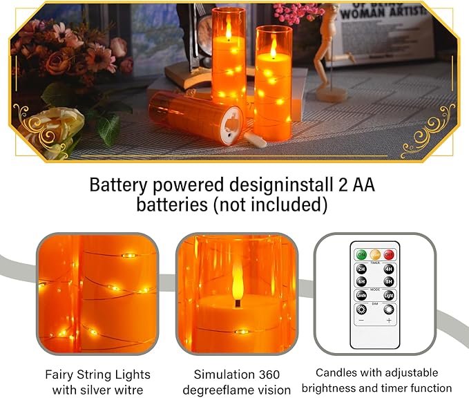 Flameless Candles with Embedded Star String, Battery Operated LED Pillar Candles with Timer and Remote Control,Home Decorating for Ambiance, Set of 7 (Orange)