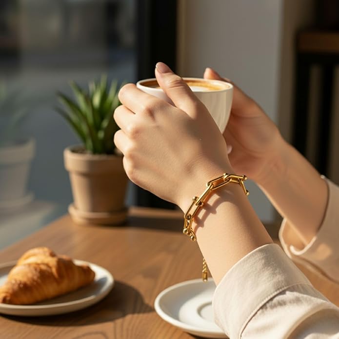 Solza Gold Chain Bracelet for Women – Adjustable Stainless Steel Heart Link Bracelet, Gold-Tone Non-Tarnish Fashion Jewelry
