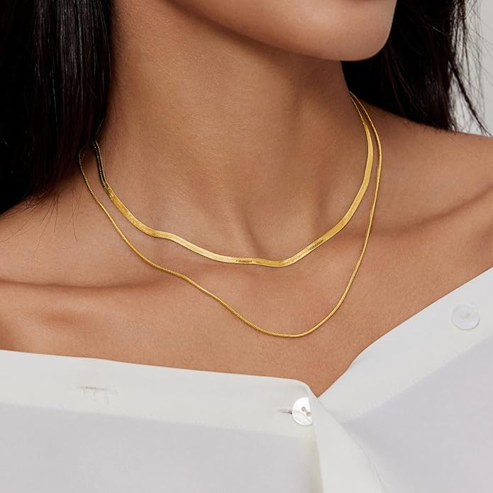 Necklaces for Women,Gold Plated Herringbone Layering Choker Necklace for Women Non Tarnish Stack Waterproof Jewelry Gift