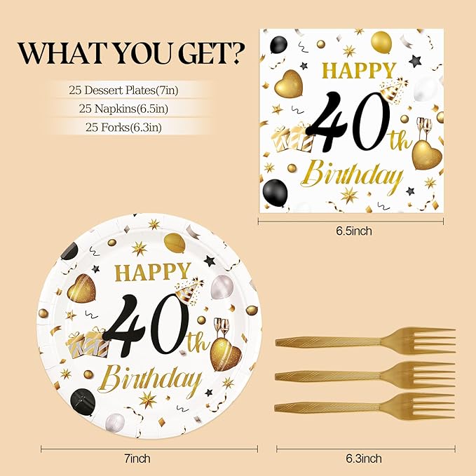 75PCS 40th Birthday Plates and Napkins Party Decorations, 7 Inch White and Gold Happy 40th Birthday Paper Dessert Cake Plates and Napkins Set Disposable Tableware Party Favors for Women Men