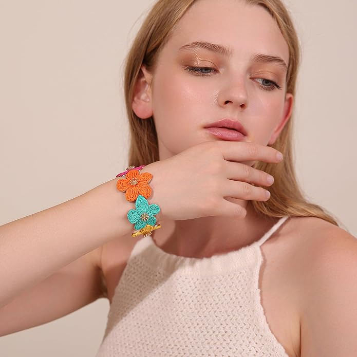 Raffia Flower Cuff Bracelet for Women, Floral Chunky Bangle Wide Open Cuff Statement Bracelet