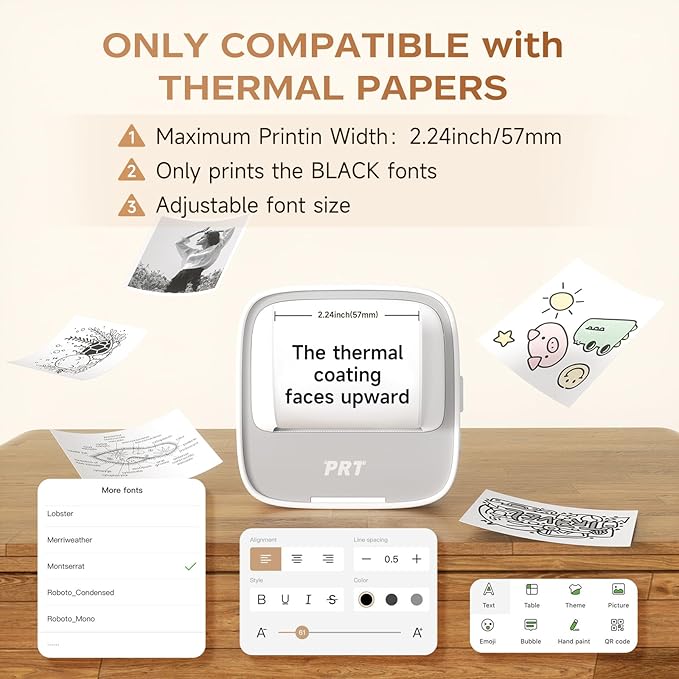 PRT Mini Sticker Printer, Portable Thermal Printer with 1 Roll Sticker Paper, Inkless Sticker Maker, Bluetooth Label Printer for Study Notes,Lists,Pictures,DIY Creations Small Printers for Home Use