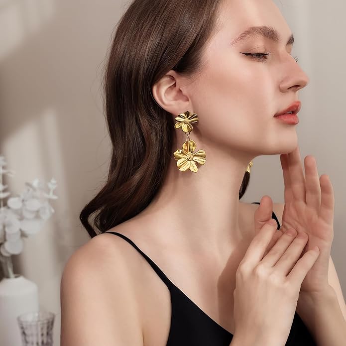 Gold Flower Statement Earrings for Women, Large Chunky Bohomian Summer Beach Floral Earring, Irregular Bold Exaggerated Earrings