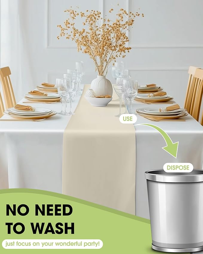 Pureegg Ivory Plastic Table Runners - 12 Pack, 14'' x 108'', Water Resistant & Disposable Cream Centerpiece Decorations for Table Cloth, Wedding, Birthday, Holiday, Baby Shower, Beige Home Decor