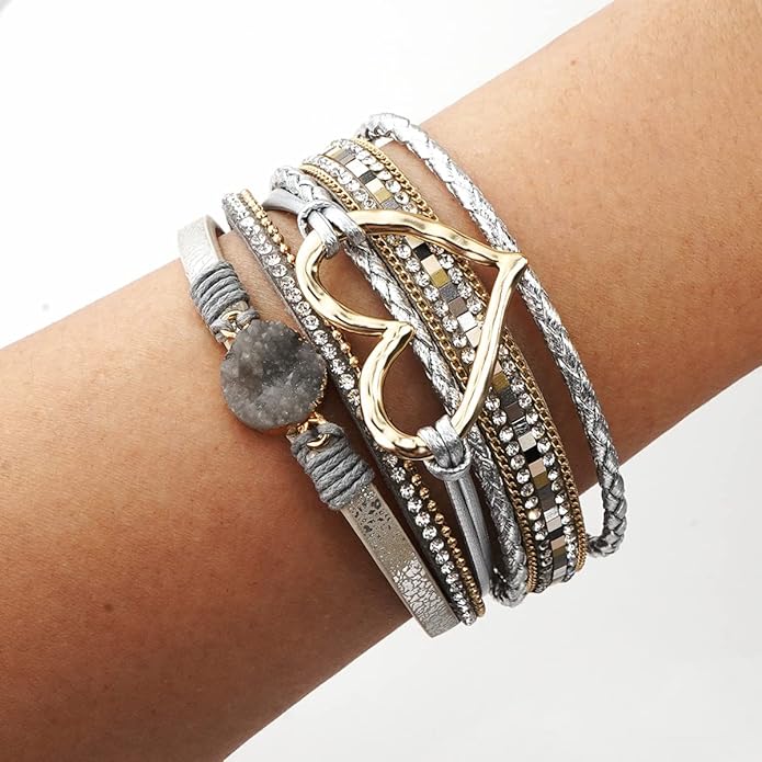 Suyi Multilayer Leather Wrap Bracelet Heart-Shape Wide Cuff Bracelets for Women