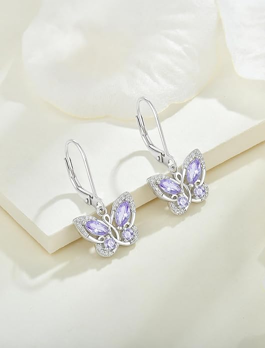 Starchenie Butterfly Earrings for Women 925 Sterling Silver Leverback Earrings Birthstone Butterfly Jewelry Gifts