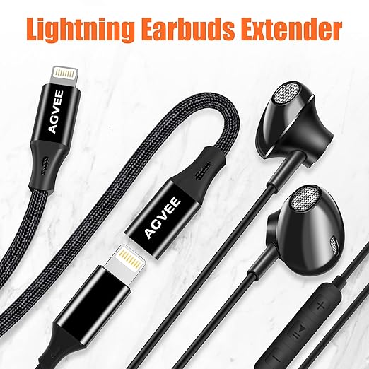 AGVEE 4 inch Lightning Extension Cable, Braided Female to Male Extender Full Function Cord Compatible with iPhone iPad, Data Sync Video Audio & Charging Connector Adapter, Black