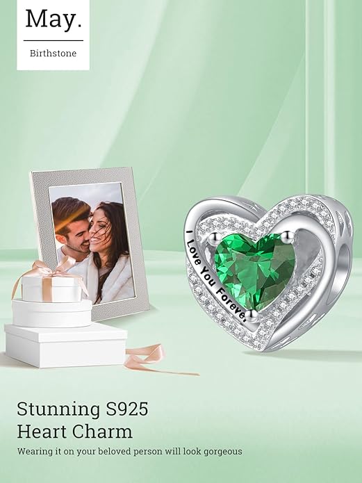 Heart Birthstone Charms for Bracelets, 925 Sterling Silver Women Bead Charms for Charm Bracelets Necklace, Mother's Day Birthday Anniversary Jewelry Gifts for Wife Mom Grandma Daughter