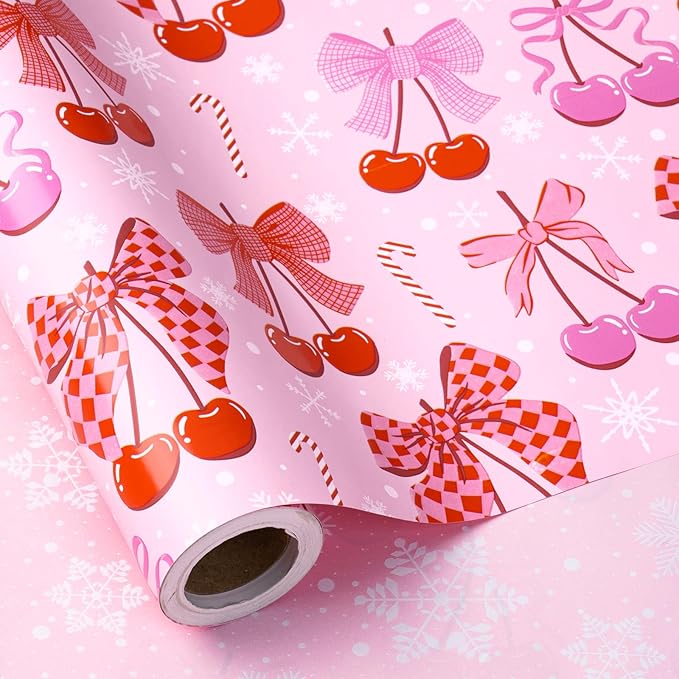 RUSPEPA 30" X 32.8' Reversible Christmas Bow Wrapping Large Paper Roll, Jumbo Roll, Pink Romantic Cherry Bow and Candy Cane Design, White Snowflake Gift Wrap Paper for Girls, Women, Kids, Holiday Gift