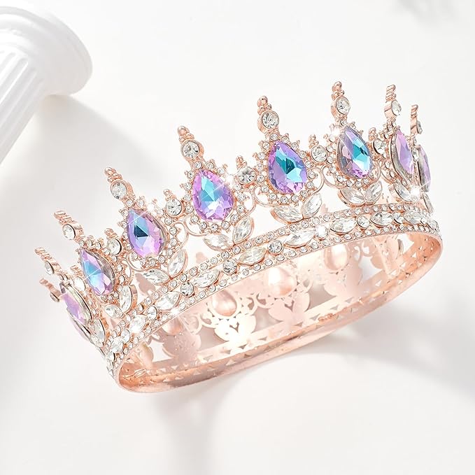 Queen Crown Rhinestone Wedding Crowns and Tiaras for Women Costume Party Hair Accessories Princess Birthday Crown Crystal Bridal Crown (Rose Gold & Violet Crown)
