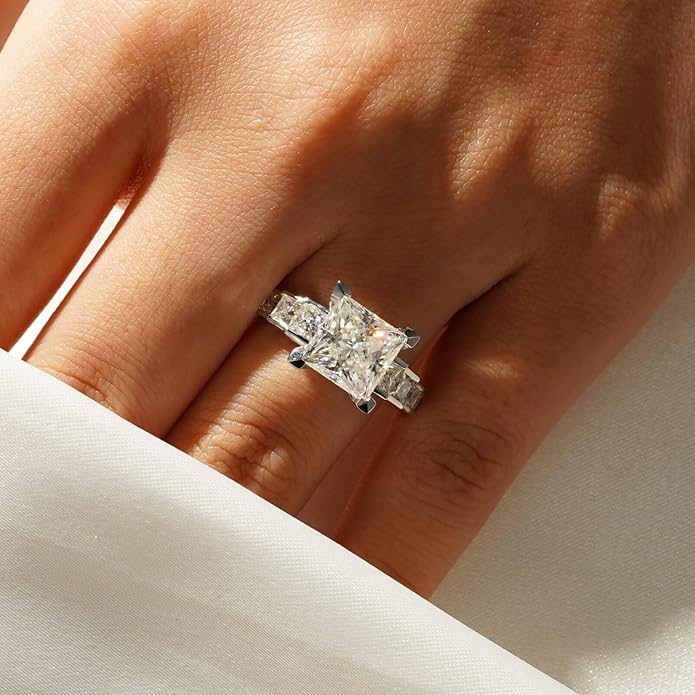 MSBLUE Moissanite Engagement Ring, Staircase Princess Cut, 14K Gold Vermeil, Wedding Promise Ring, Valentines Day Gifts for Her
