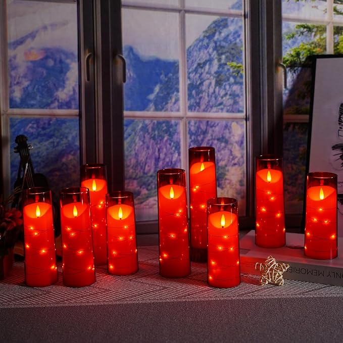 Flameless Candles with Embedded Star String, Battery Operated LED Pillar Candles with Timer and Remote Control,Home Decorating for Ambiance， Set of 9 (Red)