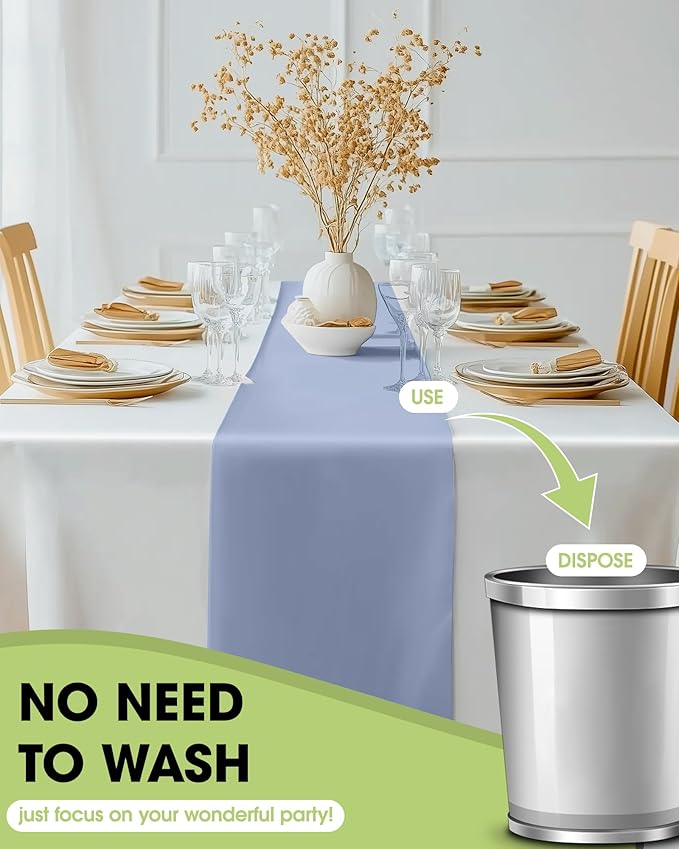 Pureegg Dusty Blue Plastic Table Runners - 12 Pack, 14'' x 108'', Water Resistant & Disposable Centerpiece Decorations for Table Cloth, Wedding, Birthday, Holiday, Baby Shower, Party, Home Decor