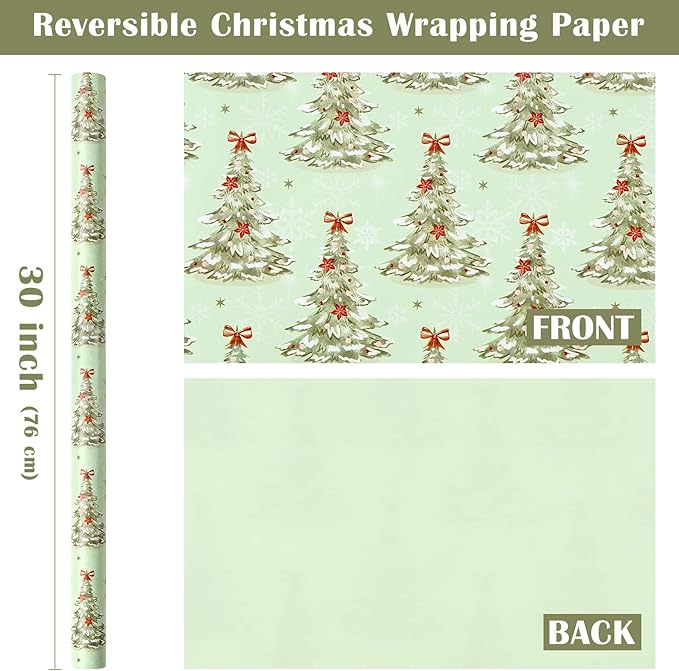 WRAPAHOLIC 30 Inch Jumbo Reversible Christmas Wrapping Paper - 30 Inch x 33 Feet - Light Green Christmas Tree Wrapping Paper for Xmas Holiday, Party Celebration