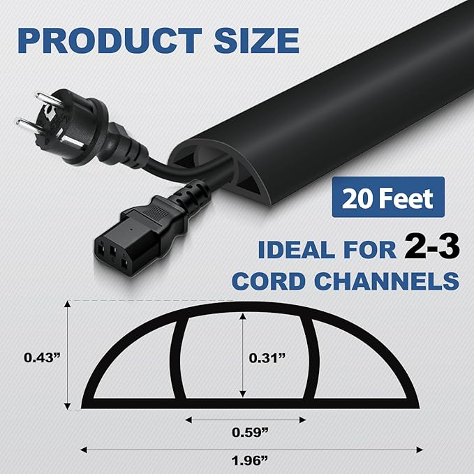 Floor Cord Cover for Wires on Floor Self Adhesive Cord Hider Floor Cable Management Wire Covers for Cords Protector Prevent Cable Trips Cord Cavity W 0.59" x H 0.31", Black, 20Ft