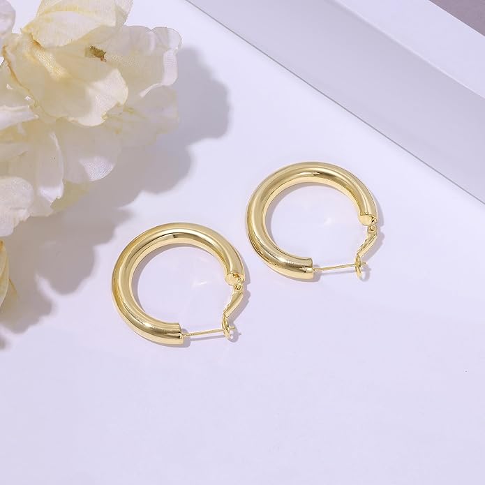 sovesi Chunky Gold Hoop Earrings for Women with 925 Sterling Silver Post, 14K Gold Plated Small Thick Gold Hoops Earrings for Women