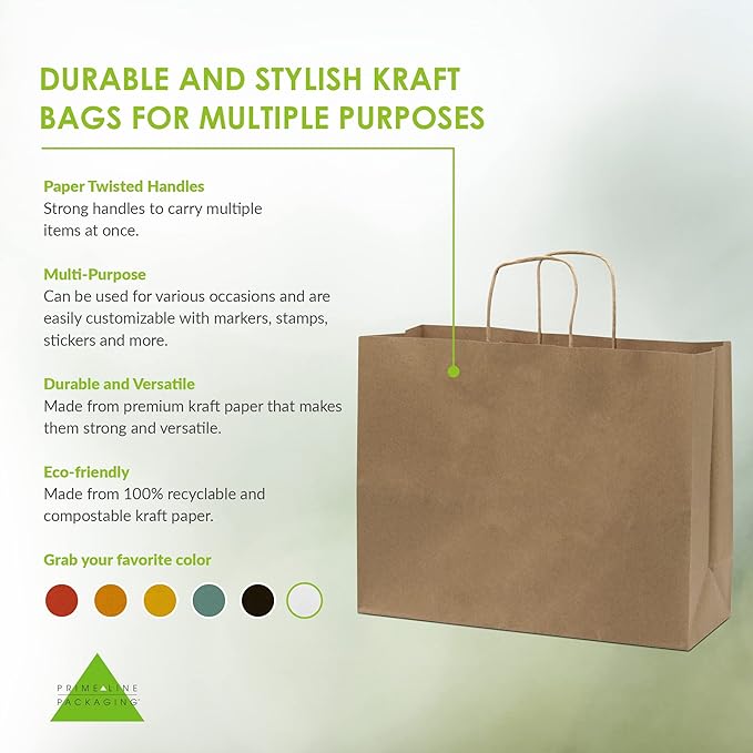 Prime Line Packaging Brown Paper Bags with Handles, Large Kraft Gift Bags for Small Business, Shopping, Retail Store, Boutique, Grocery, Bulk, 16x6x12, 25 Pack