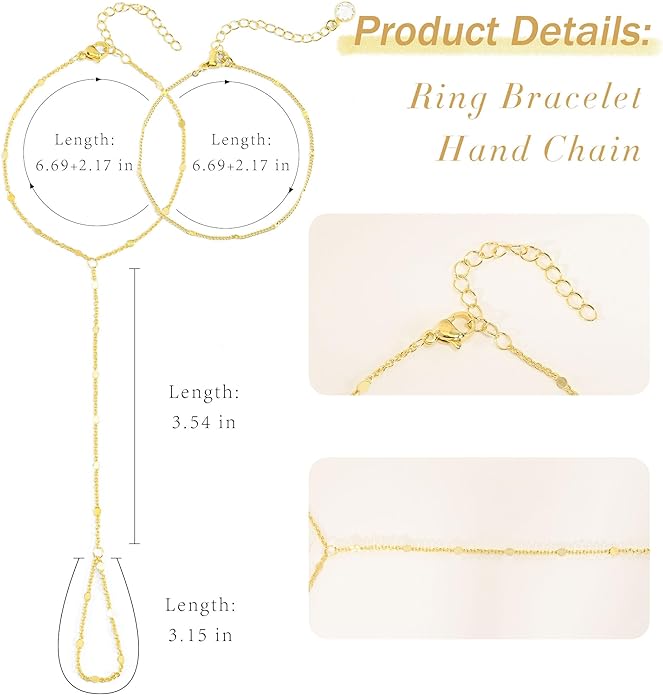 Hand Chain Bracelet, Adjustable Hand Jewelry Chain Bracelet with Ring, Trendy Gold Handchains Jewelry