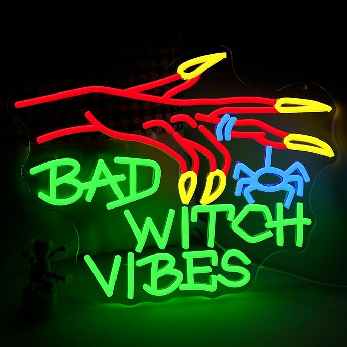 Bad Witch Halloween Neon Sign for Party Gothic Witch Hand Neon Light Scared Spider Light Up Sign for Halloween Christmas Bedroom Haunted Mansion House Club Witch fans(16.5 * 12.5in)