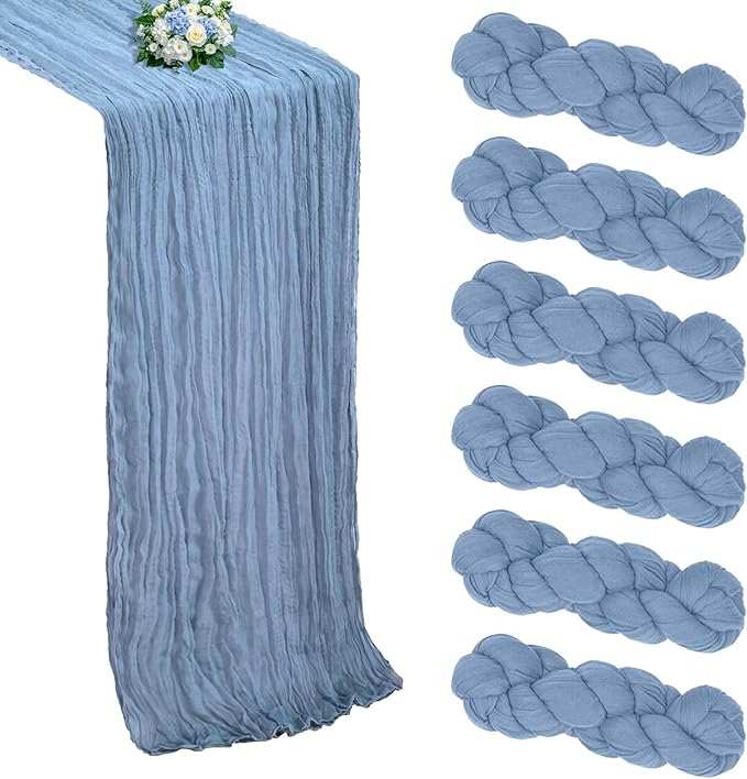 6 Pack Dusty Blue Cheesecloth Table Runner 10FT Boho Cheese Cloths Gauze Fabric Table Runners 120 Inch Rustic Sheer for Wedding Birthday Party Baby Shower Centerpiece Home Decorations