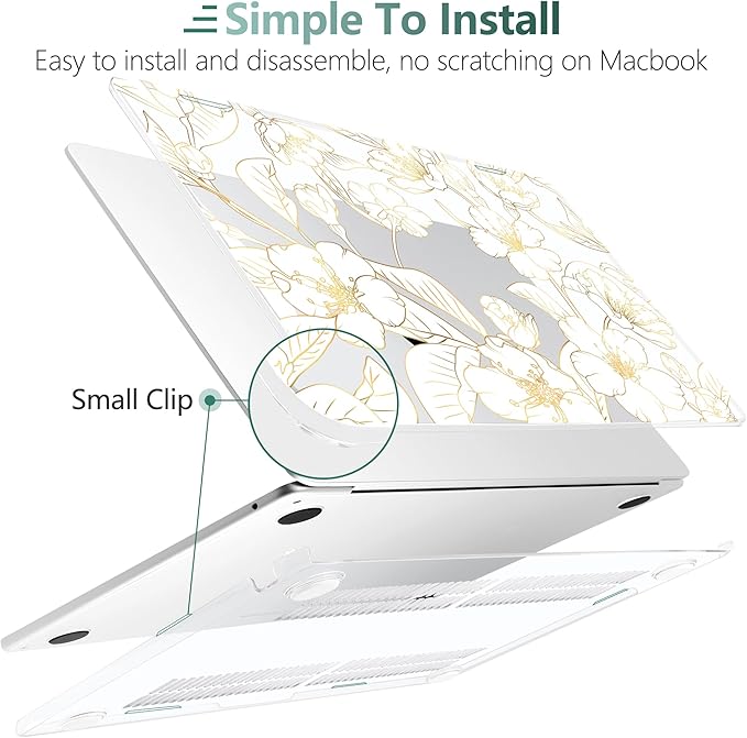 TWOLSKOO Compatible with M4 MacBook Air 15 inch Case 2025-2023 Released Model M4 A3241 M3 A3114 M2 A2941, Plastic Hard Shell & Screen Protector & Keyboard Cover & Type C Adapter, Gold Cherry Blossom