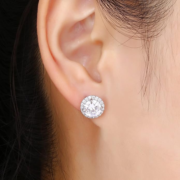 YOMELA Cubic Zirconia Earrings Studs, Halo CZ Birthstone Simulated Diamond Stud Earrings for Women