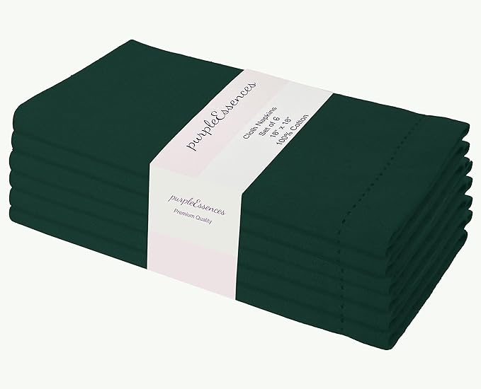 PurpleEssences Set of 6 Hemstitch Cloth Dinner Napkins 100% Cotton - Soft Durable Washable - Ideal for Wedding Christmas Holiday Winter - Perfect Everyday Use Table Linen 18x18 - Forest Green