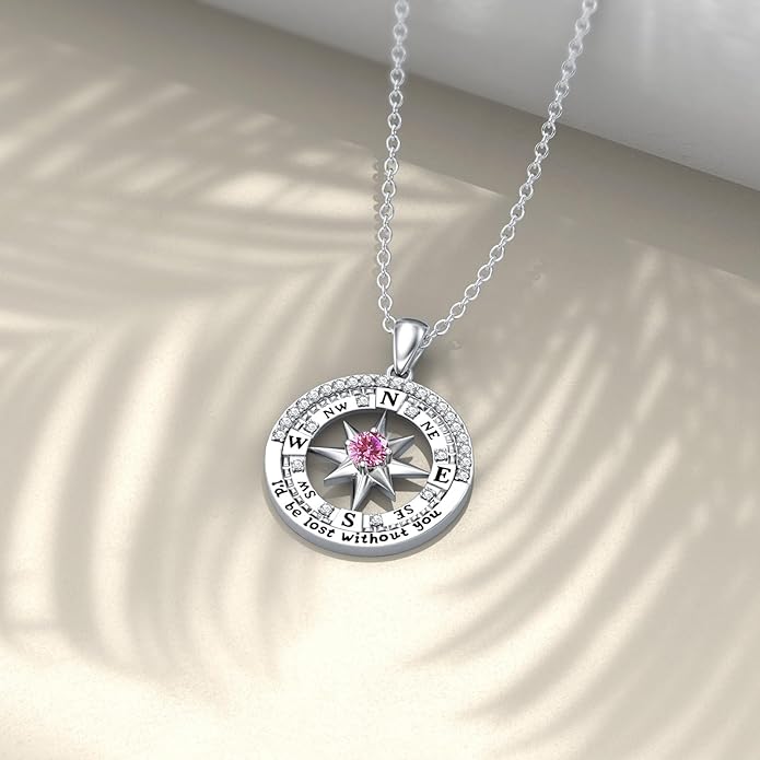 Compass Birthstone Necklace Gift for 2025 Graduation 925 Sterling Silver Compass ‘I'd be Lost Without You’ Pendant Necklaces Jewelry for Women Her Wife Gift for Birthday Anniversary