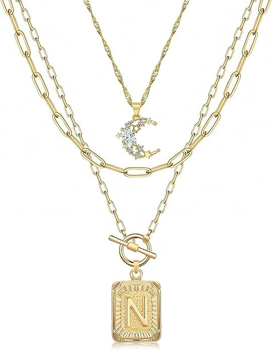 MJartoria Layered Initial Necklaces for Women Trendy, 14K Gold Plated Brass Simple Moon Choker Square Letter Pendant Necklace, Paperclip Chain Necklaces Jewelry Gifts
