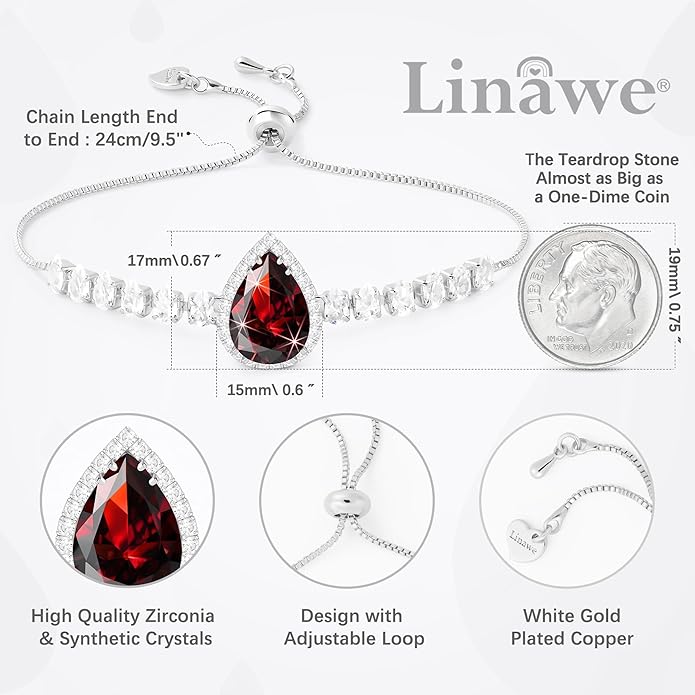 Linawe Crystal Imitation Diamond Rhinestone Charm Bracelets for Women, Gold/Silver/Rose Gold Adjustable Chain Bracelet, Teardrop Birthstone Cubic Zirconia Prom Costume Wedding Jewelry
