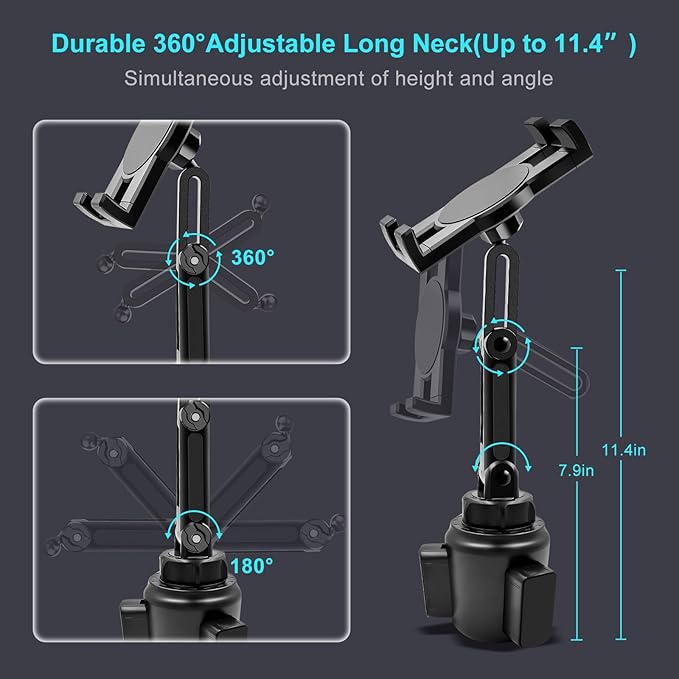 Cup Holder Car Tablet Mount, 360° Adjustable 2-Arm Stand Holder for iPad Pro 12.9/11/10.5/9.7/Air/Mini 6/5/4, Samsung Galaxy Tab/Z Fold 6/5, Amazon Fire HD, iPhone 16/15/14/Pro, 4.7-12.9" Tab & Phone