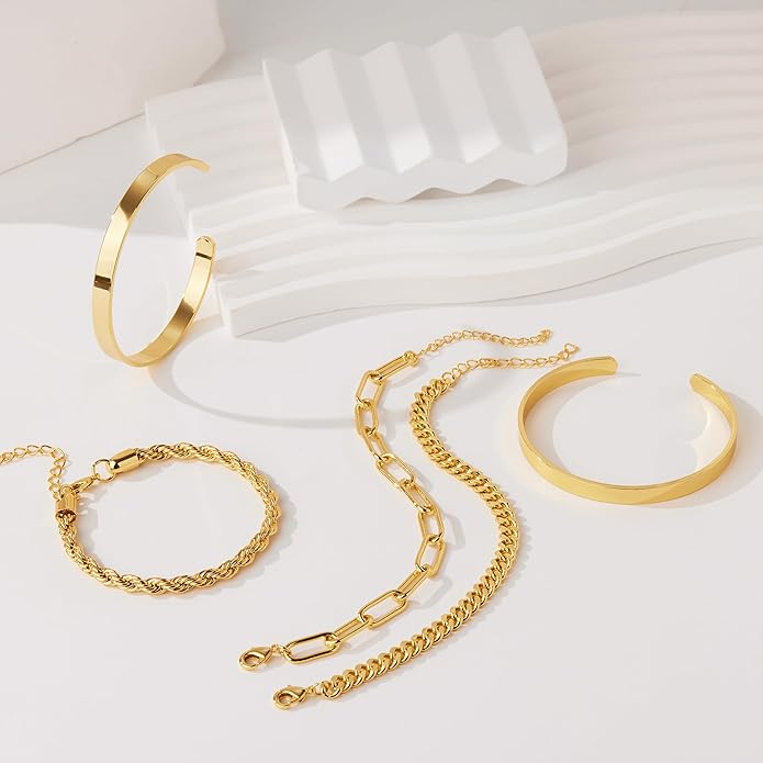 Gold Bracelets Set for Women Non Tarnish, 14K Gold Plated Sterling Silver Chunky Cuff Bracelet Stackable Gold Bangles Bracelet for Women Trendy Fashion Accessories Tie Knot Cuban Rope Paperclip Beaded Bracelet Stack Jewelry Valentines Day Gifts