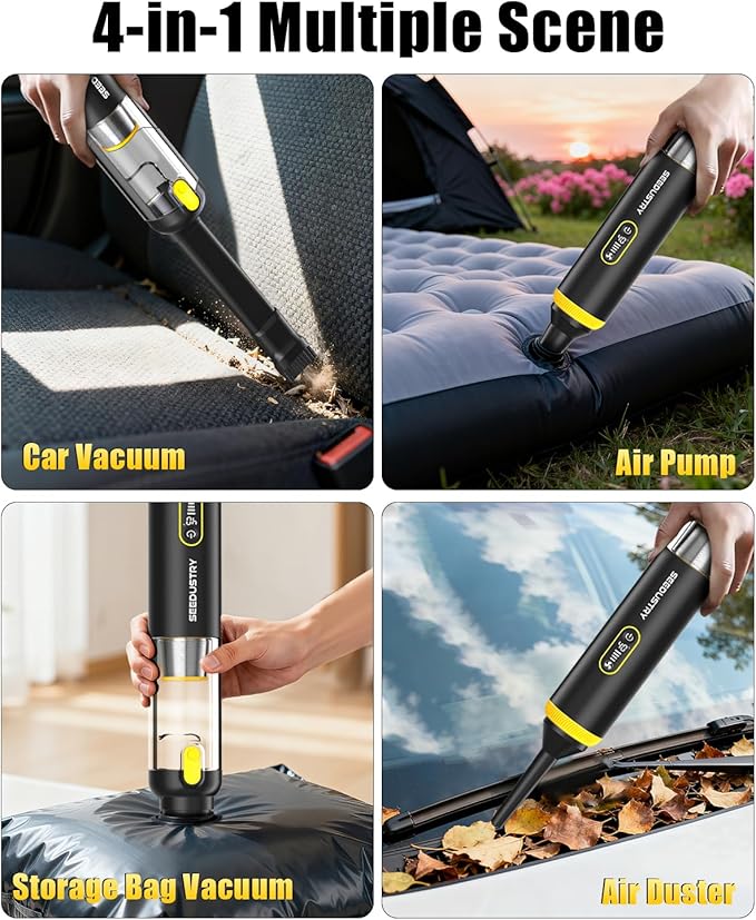 SEEDUSTRY Handheld Vacuum Cleaner Cordless, Mini Car Vacuum/Portable Pet Grooming Vacuum Cleaner, 3 Suction Modes-Up to 18000pa, 6 Blow & Suck & Deflate & Inflate Nozzles for Car, Pet, Office, Home