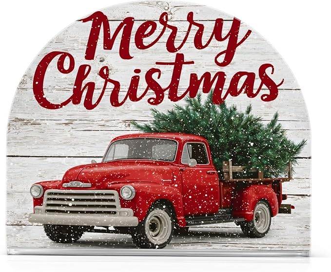 Christmas Napkin Holder for Paper Napkins Kitchen Tables Xmas Party Red Truck Wooden Acrylic Vertical Napkin Holders Freestanding Napkins Dispenser