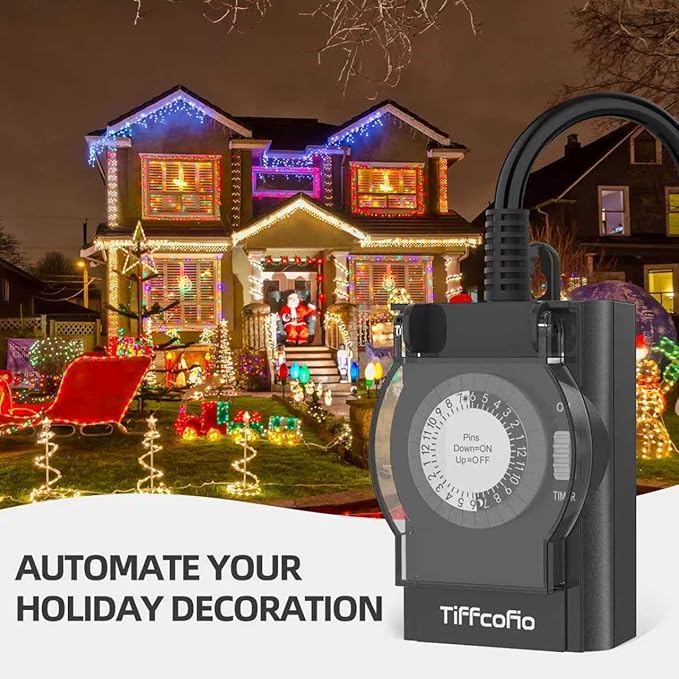 Outdoor Timer Outlet Waterproof, 24 Hour Mechanical Light Timer Outdoor, 2 Grounded Outlets for Home and Garden, 15A 1/2HP, Heavy Duty, ETL Listed (2 Pack)