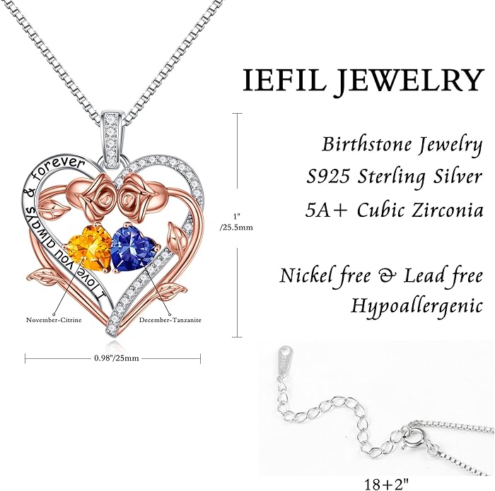 Iefil Valentines Gifts for Her Wife Women - Rose Heart Double Birthstone Necklace Gift for Wife Girlfriend Her Women, Birthstone Jewelry Gemstone Birthday Gifts for Mom Grandma Her
