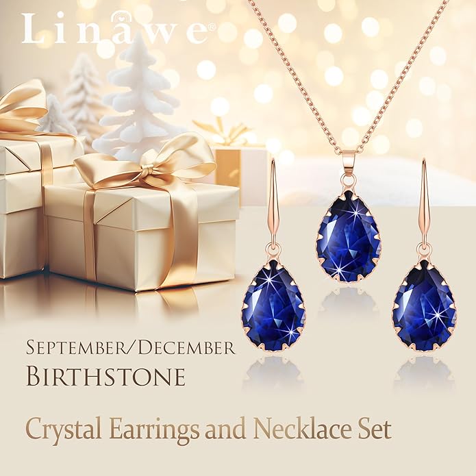 Linawe Crystal Jewelry Sets for Women, Imitation Diamond Pendant Necklace, Rhinestone Drop Dangle Earrings, Birthstone Cubic Zirconia Matching Wedding Jewelry, 14K Gold/Rose Gold/Silver Tones
