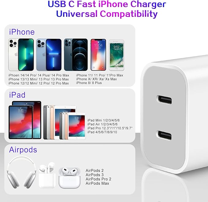 Fast iPhone Charger,Dual Port USB C iPhone Charger Fast Charging Block,2Pack Double Type C Apple Wall Charging Adapter Plug,4Pack Quick USB C to Lightning Cable for iPhone 14Pro/13/12/11/MiNi/XS/XR/SE