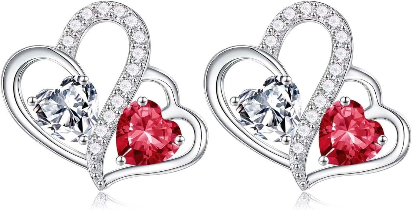 Iefil Valentines Day Gifts for Her - Birthstone Earrings Gift for Women, 925 Sterling Silver Double Heart Birthstone Earrings | Anniversary Birthday Gifts for Women, Personalized Jewelry for Wife Mom