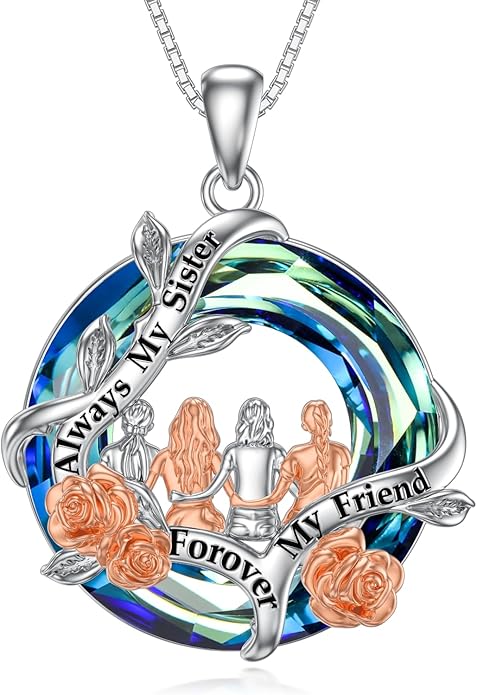 TOUPOP Sisters Gifts from Sister Necklace Sterling Silver Rose Flower with Crystal Jewelry Valentines Day Birthday Gifts for Women Best Friend Friendship